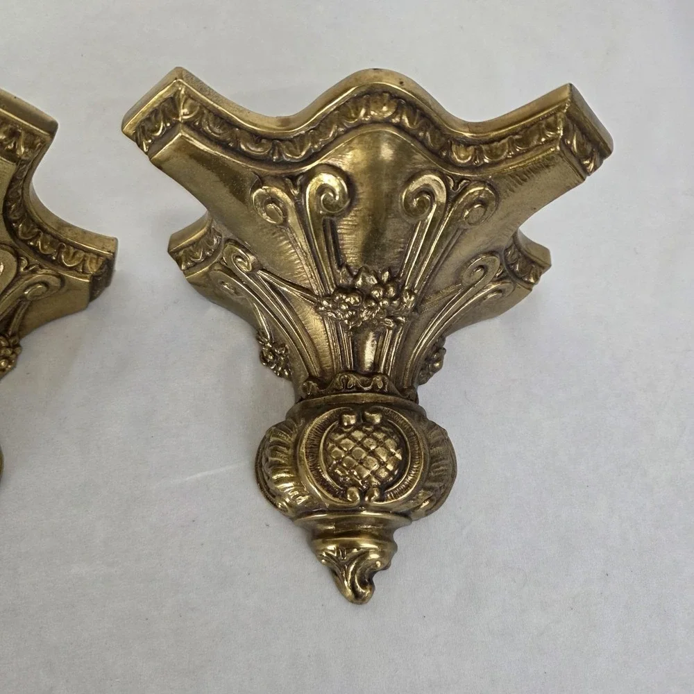 Pair of Vintage Ornate Gilded Brass Wall Sconce Shelves MCM‎ Hollywood Regency